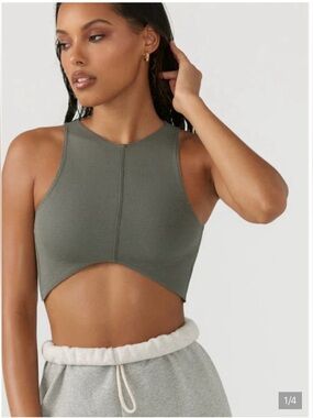 Joah Brown Curve Ribbed Crop Tank Top in Olive - Very Flattering- Good Condition